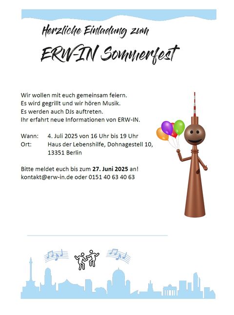 Flyer ERW-IN Sommerfest 2025 in blau-weißer Farbe mit einem Fernsehturm-Männchen, das Luftballons in der Hand hält. 