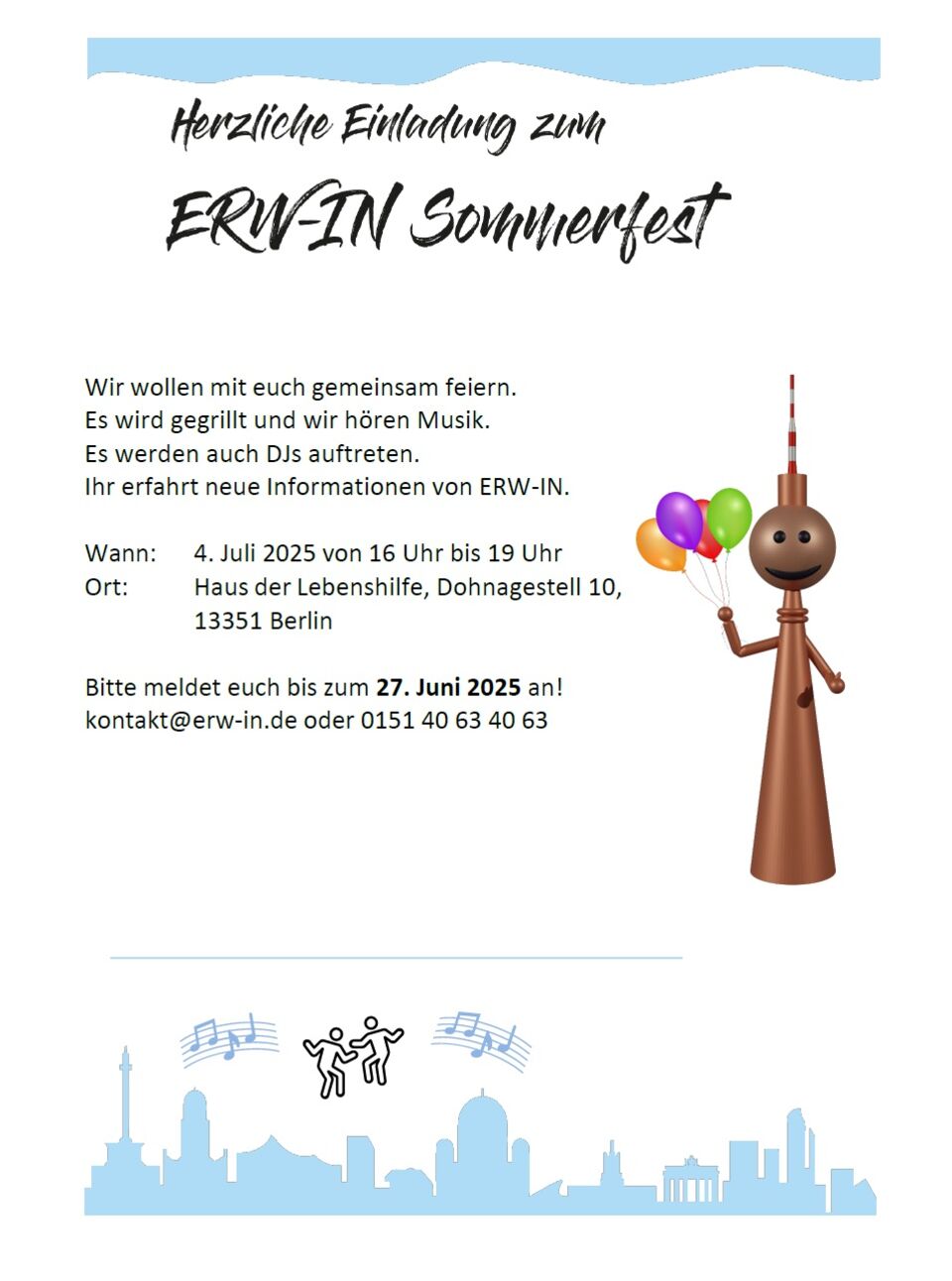 Flyer ERW-IN Sommerfest 2025 in blau-weißer Farbe mit einem Fernsehturm-Männchen, das Luftballons in der Hand hält. 