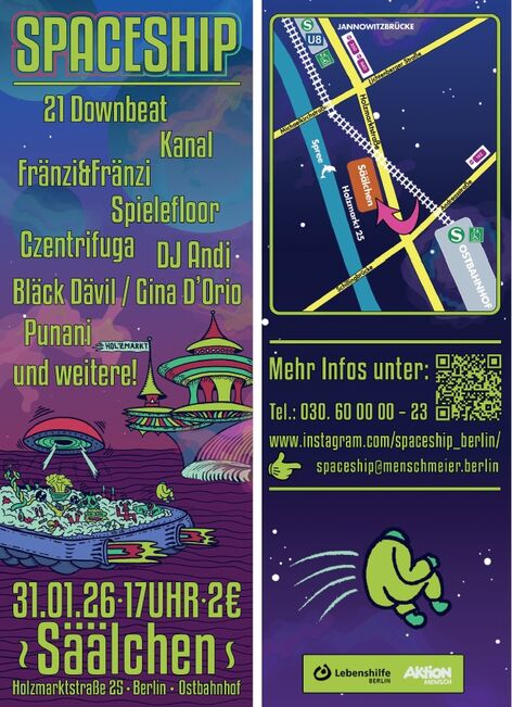 Spaceship-Flyer Januar 2026 mit Bandnamen, einem Raumschiff und einer Wegkarte