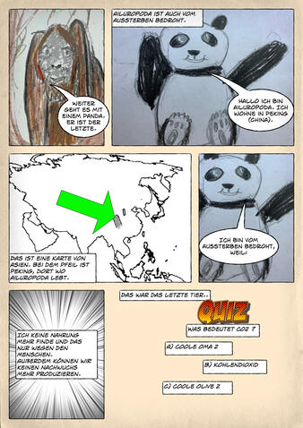 Ein Pandabär namens Ailuropoda ist ebenfalls von Aussterben bedroht, weil die Pandas keine Nahrung finden.