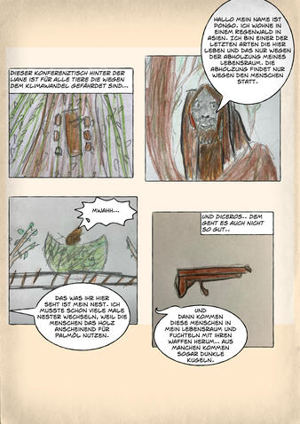 Die Geschichte wird von einen Affen namens Pongo, aus dem Regenwald in Asien, erzählt. Er wird von Aussterben bedroht, weil die Wälder abgeholzt werden. Es gibt aber einen Konferenztisch für alle Tiere.