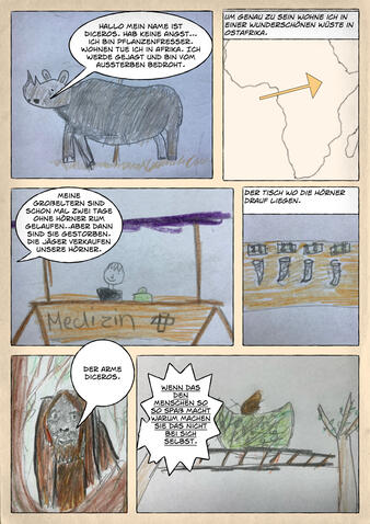 Ein Rhinoceros namens Diceros, stellt sich und seine Ängste vor. Er wohnt in Ostafrika und wird für seine Hörner gejagt, weil es als Medizin gehandelt wird. Dabei ist er von Aussterben bedroht.