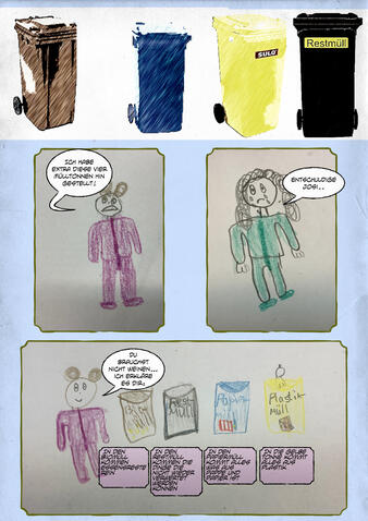 Es gibt minestens vier Tonnen, um Müll zu entsorgen.