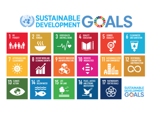 The 17 Sustainable Development Goals: 1 No poverty; 2 No hunger; Health and well-being; 4 Quality education; 5 Gender equality; 6 Clean water and sanitation; 7 Affordable and clean energy; 8 Decent work and economic growth; 9 Industry, innovation and infrastructure; 10 Reduced inequalities; 11 Sustainable cities and communities; 12 Sustainable consumption and production; 13 Climate action; 14 Life below water; 15 Life on land; 16 Peace, justice and strong institutions; 17 Partnerships to achieve the goals.