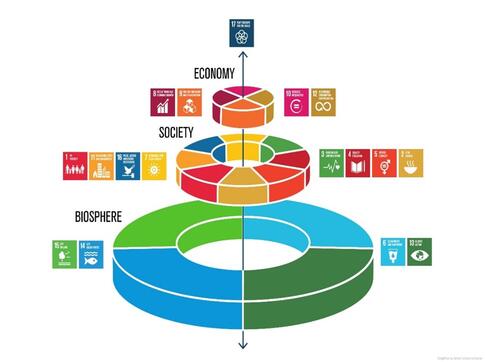 The UN's 17 Sustainable Development Goals (2030 Agenda) fall into three to four categories: Biosphere (Goal: 14 and 15 and 6 and 13) Society (Goals 1 to 5 and 11, 16 and 7) Economy (Goals 8 to 10 and 12) and Partnerships, Goal number 17.