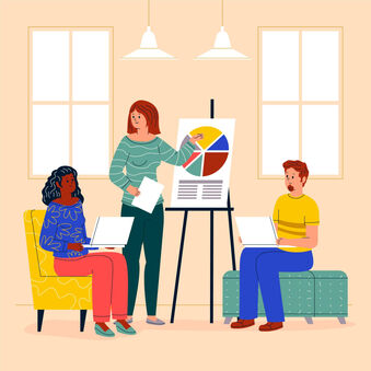 1 Frauen steht vor einem Flipchart, zwie andere Frau sitzen vor dem Flipchart,  Bild Freepik