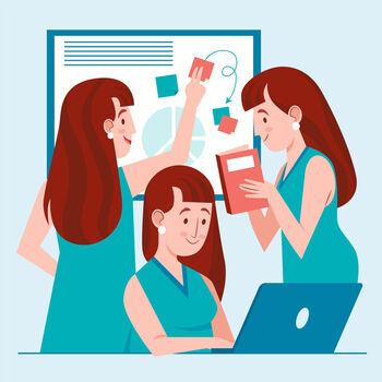 3 Frauen arbeiten zusammen. Eine arbeitet an einem Computer. Eine arbeitet an einer Pinnwand. Die dritte hat ein Heft in der Hand. Bild: Freepik