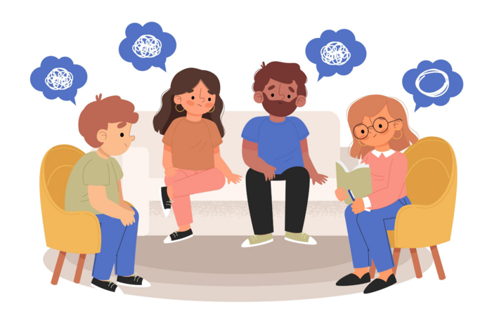 Auf dem Bild links ein gelber Sessel, in der Mitte ist eine graue Couch. Rechts neben der  Couch ist ein zweiter gelber Sessel. Auf dem Sessel links sitzt ein Junge. Auf der Couch sitzen die Mutter und der Vater. Auf dem Sessel rechts sitzt eine Therapeutin. Sie reden miteinander. Die Therapeutin hat ein Heft und einen Stift in der Hand. Das Bild ist von Freepik