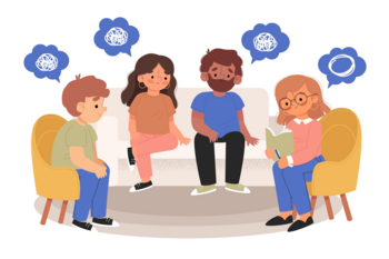 Auf dem Bild ist links ein gelber Sessel, in der Mitte ist eine graue Couch. Rechts neben der Couch ist ein zweiter gelber Sessel. Auf dem Sessel links sitzt ein Junge. Auf der Couch sitzen die Mutter und der Vater. Auf dem Sessel rechts sitzt eine Therapeutin. Sie 