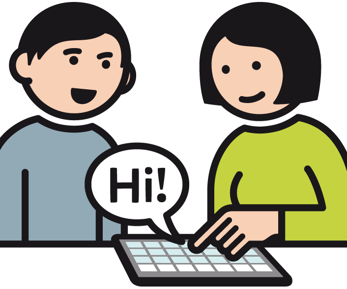 Eine Frau arbeitet an einem Talker. Er sagt Hi zu einem Mann. Bild: METACAM SYMBOLE © Annette Kitzinger