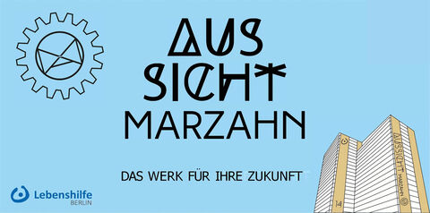 Logo AusSicht Marzahn mit einem Hochhaus vom Helene-Weigel-Platz,