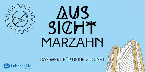 Logo AusSicht MArzah mit dem Schriftzug des Projekts und einem Hochhaus. 