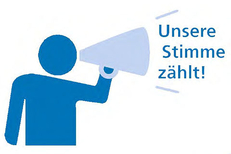 Mensch mit Megafon und Schriftzug "Unsere stimme zählt."