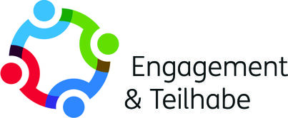 Logo Engagement und Teilhabe mit blauen, roten und grünen Figuren, die gemeinsam einen Kreis bilden.