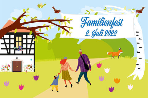 Illustration zeigt ein Fachwerkhaus und eine Familie (Grafik: Irina Hochstein)