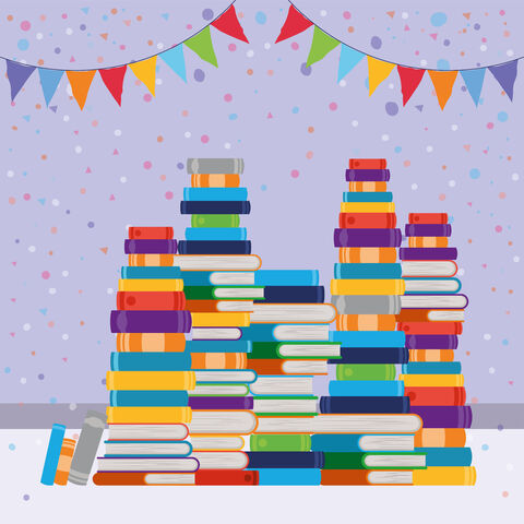 Der Hintergrund des Bildes ist violett mit bunten Pünktchen. Oben hängen bunte Wimpel. Darunter steht ein sehr großer Stapel mit bunten Büchern. Bild: Freepik
