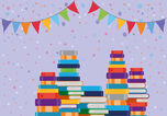 Unter buntem Wimpeln liegt ein Buchstapel mit bunten Büchern. Bild: freepik