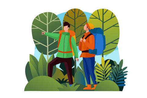 Wanderbild als Zeichnung mit zwei-Leuten im Wald mit Rucksaecken. Bildnachweis: pikisuperstar/Freepik