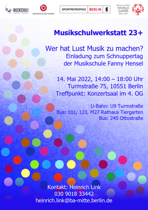 Flyer Musikschule Fanny Hensel Schnuppertag Mai 2022 inklusiv