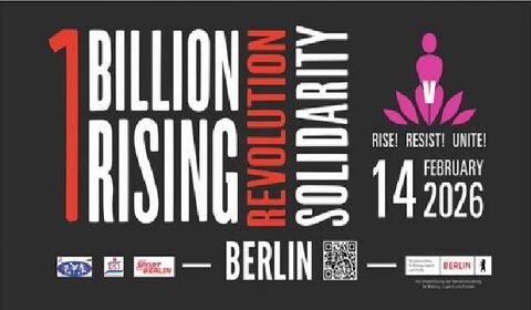 Demoplakat One Billion Rising für Berlin mit Infos zum Event sowie den Worten rise, resst, unite