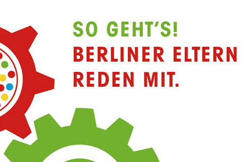 Zwei Zahnräder mit Schriftzug. So geht's! Berliner Eltern reden mit.