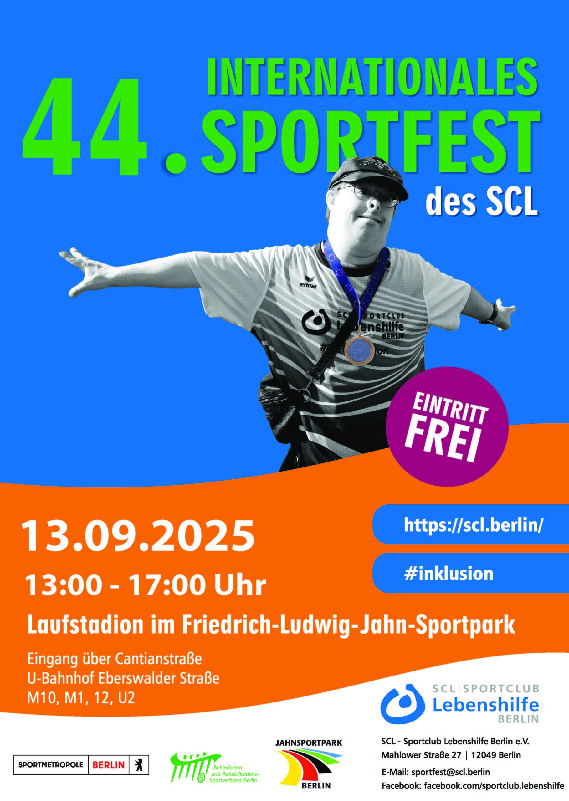 Flyer 44. inklusives Sportfest des SCL mit einem Sportler mit ausgebreiteten Armen und Infos zum Event am 13. September 2025