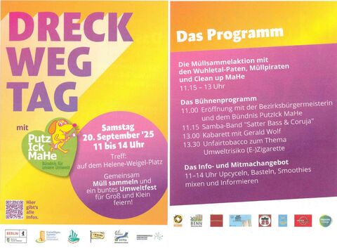 Flyer Dreck-Weg-Tag mit einem Hund, der Müll wegräumt, und einem Ablaufplan zum Fest.