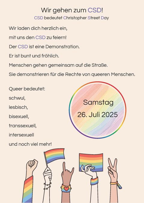 Plakat die Lebenshilfe Berlin geht zum CSD mit Informationen zur Demonstration