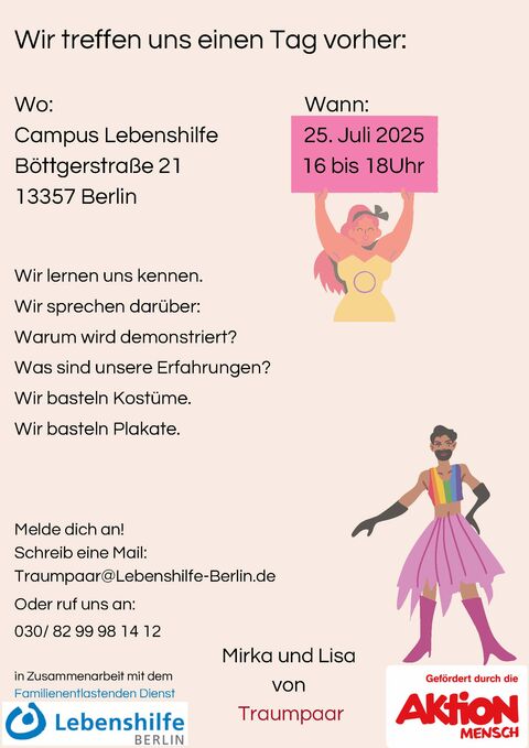 Plakat die Lebenshilfe Berlin geht zum CSD mit Informationen zum Vorbereitungstreffen