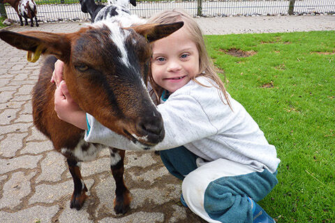 Kleines Mädchen umarmt Ziege im Streichelzoo