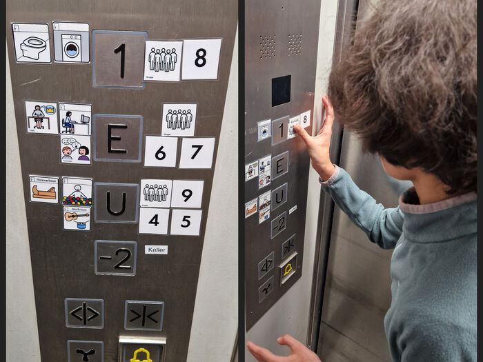 Gruppe 6: Fahrstuhl der TFS mit Metacom-Symbolen bekleben.